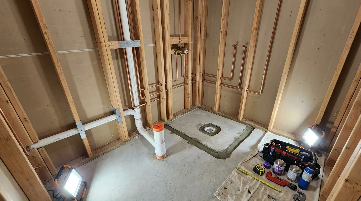 Bathroom rough-in plumbing during remodel by Johns Plumbing LLC in Roxboro