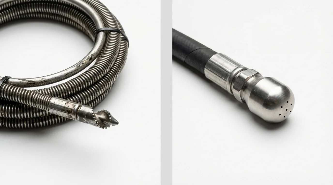 Drain snake cable and hydro jetting nozzle used for drain cleaning in Roxboro, NC
