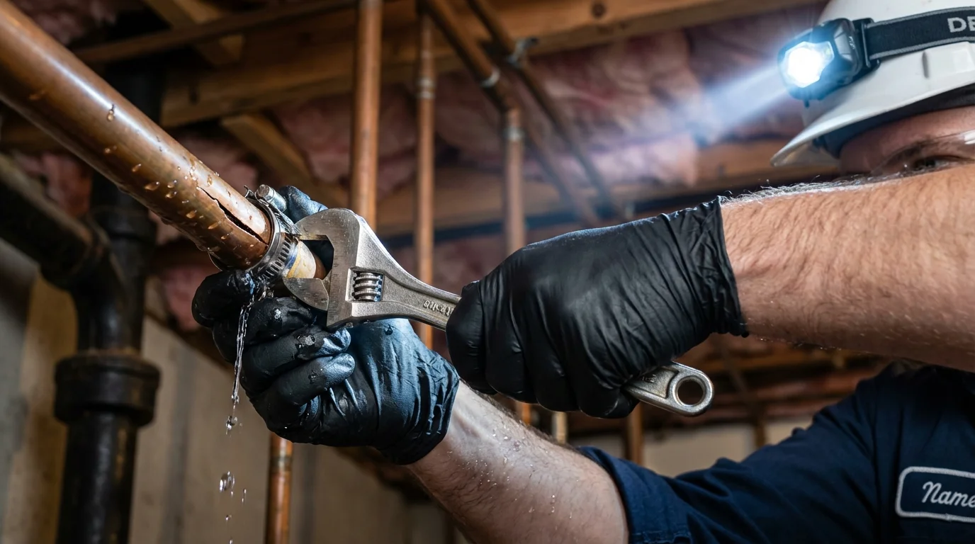 Emergency pipe clamp repair being performed by a Johns Plumbing LLC plumber in Roxboro
