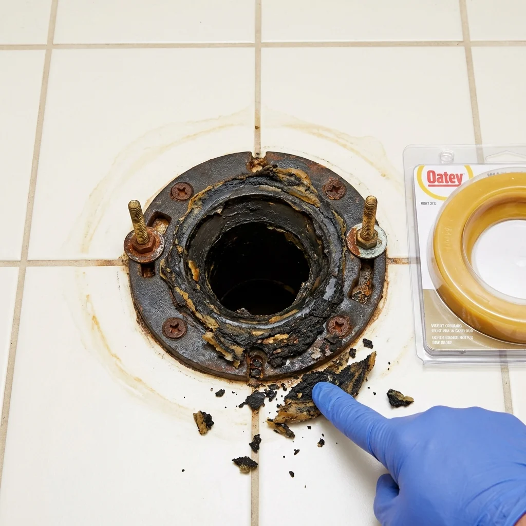 Failed wax ring showing water seepage at the base of a toilet in a Roxboro, NC home
