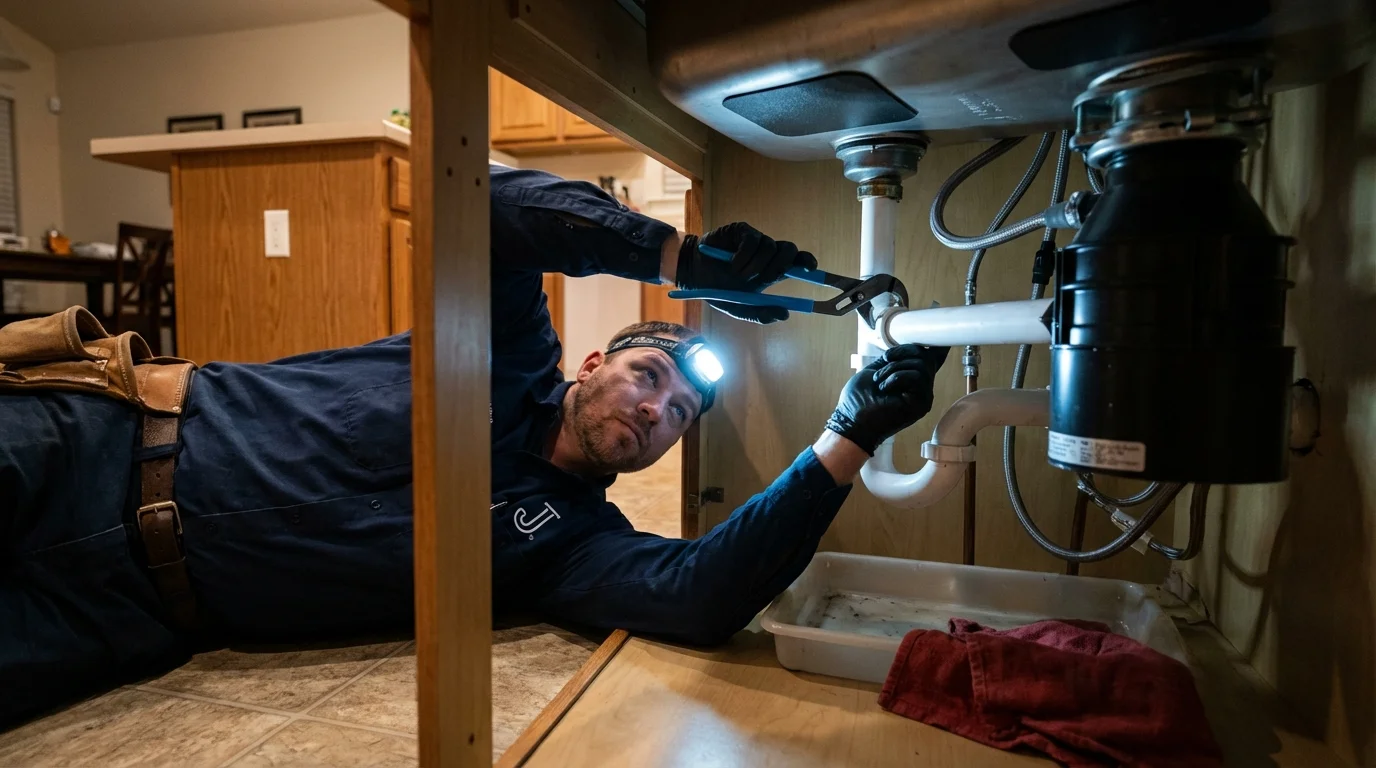 P-trap and supply line connections under a kitchen sink showing a common leak point in Roxboro, NC